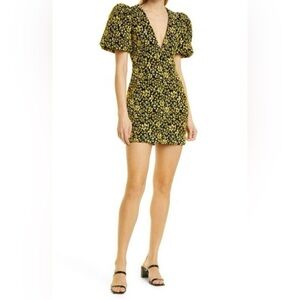 New! Rebecca Vallance Dominique puff sleeve Mini Dress Black Yellow 33929